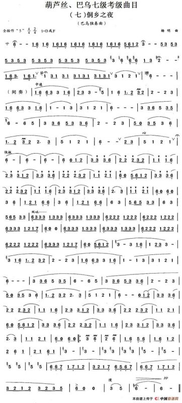 葫芦丝、巴乌七级考级曲目：侗乡之夜