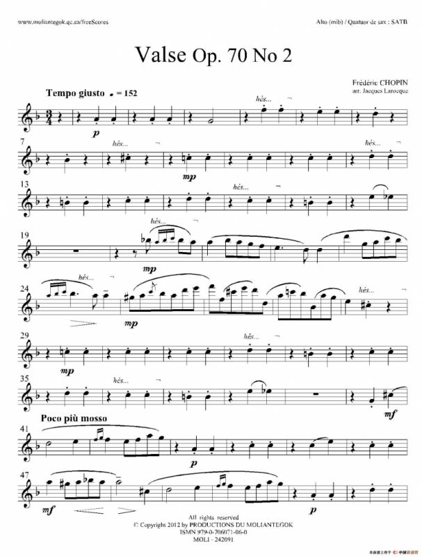 f小调圆舞曲 Op.70 No.2（四重奏中音萨克斯分谱）