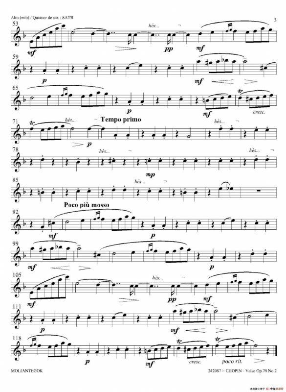 f小调圆舞曲 Op.70 No.2（四重奏中音萨克斯分谱）