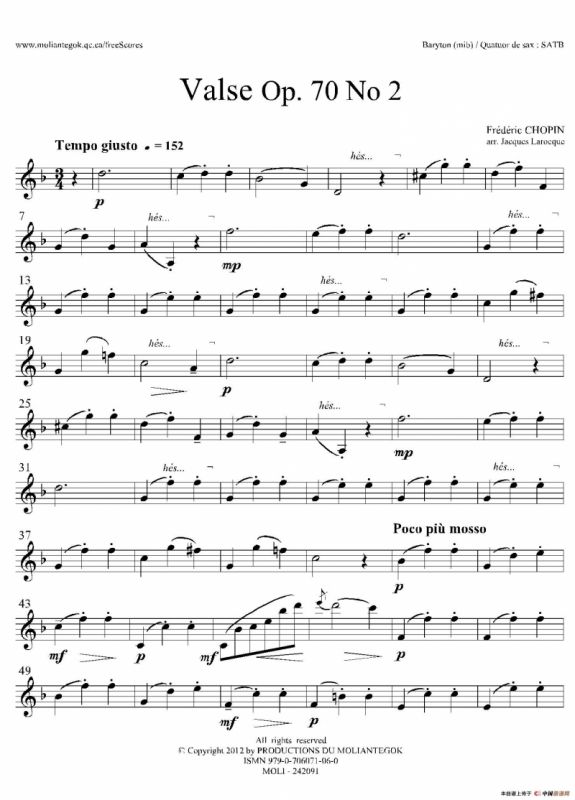 f小调圆舞曲 Op.70 No.2（四重奏上低音萨克斯分谱）