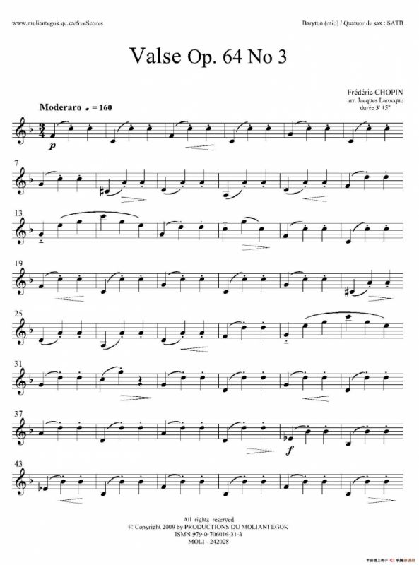 降A大调圆舞曲 Op.64 No.3（四重奏上低音萨克斯分谱）