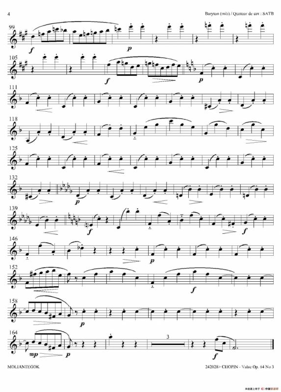 降A大调圆舞曲 Op.64 No.3（四重奏上低音萨克斯分谱）