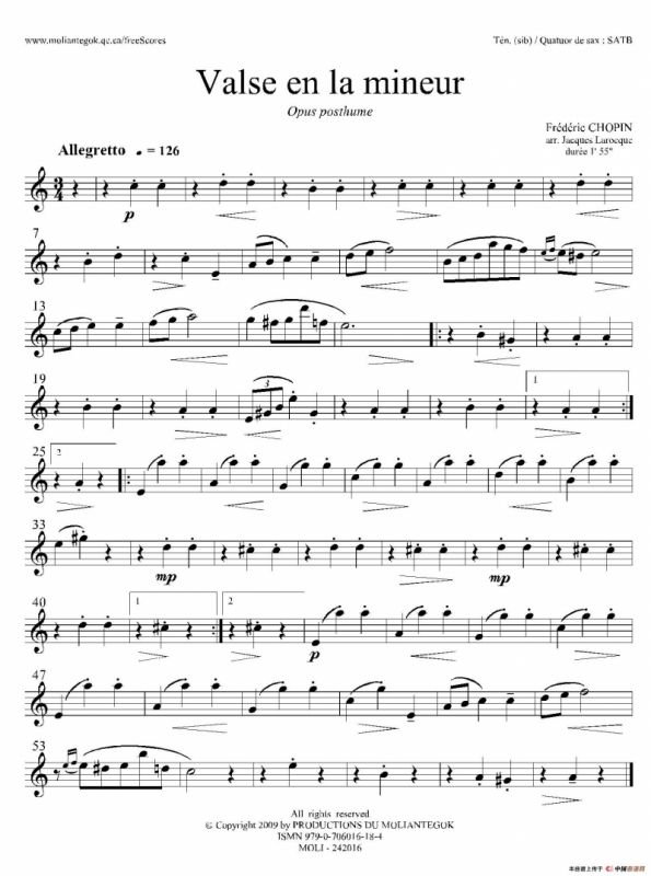 a小调圆舞曲 B.150（四重奏次中音萨克斯分谱）