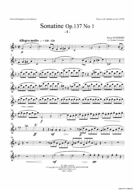 Sonatine Op.137 No 1（四重奏次中音萨克斯分谱）