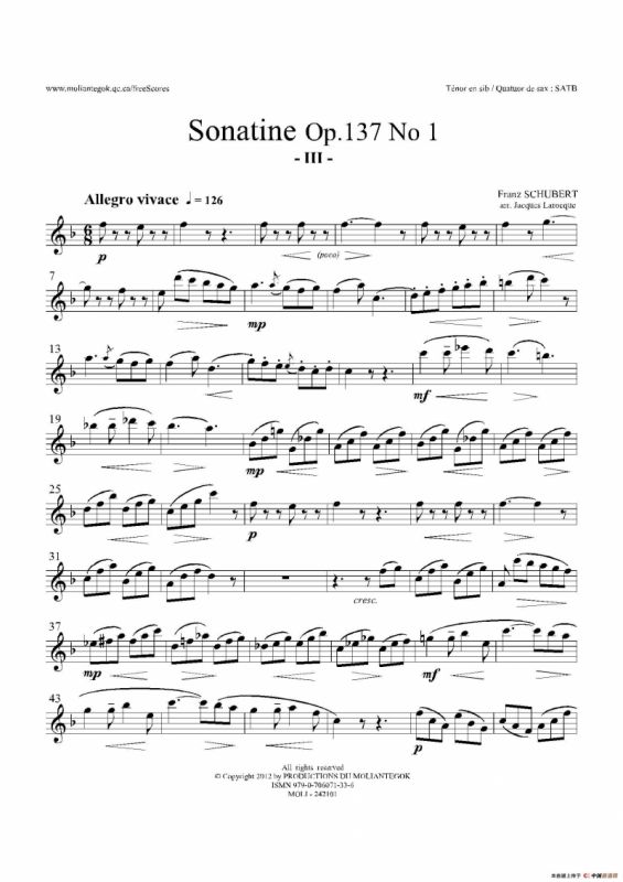 Sonatine Op.137 No 1（四重奏次中音萨克斯分谱）