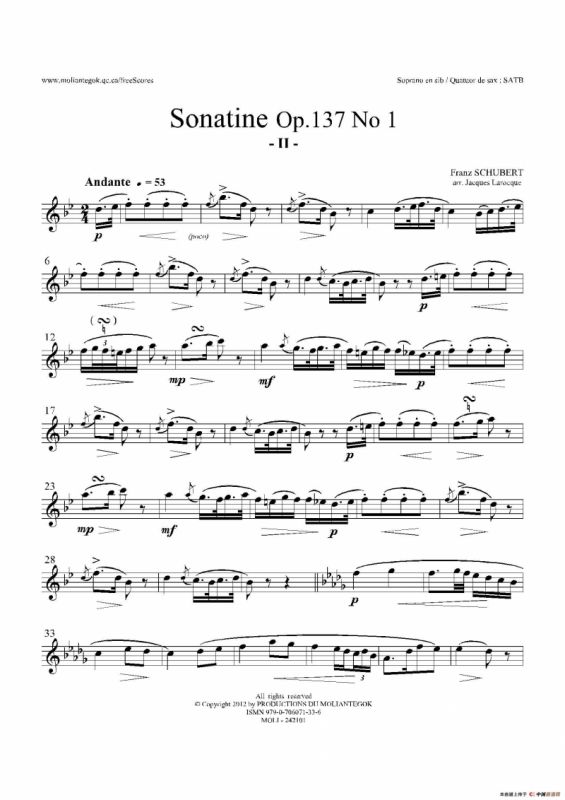 Sonatine Op.137 No 1（四重奏高音萨克斯分谱）