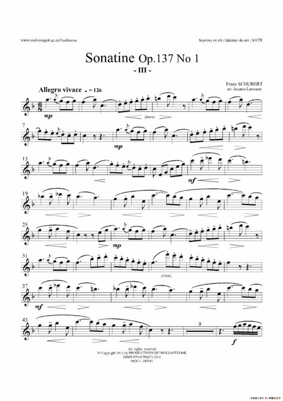 Sonatine Op.137 No 1（四重奏高音萨克斯分谱）