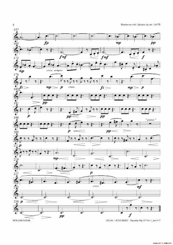 Sonatine Op.137 No 1（四重奏上低音萨克斯分谱）