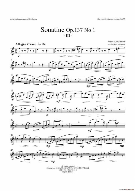 Sonatine Op.137 No 1（四重奏中音萨克斯分谱）