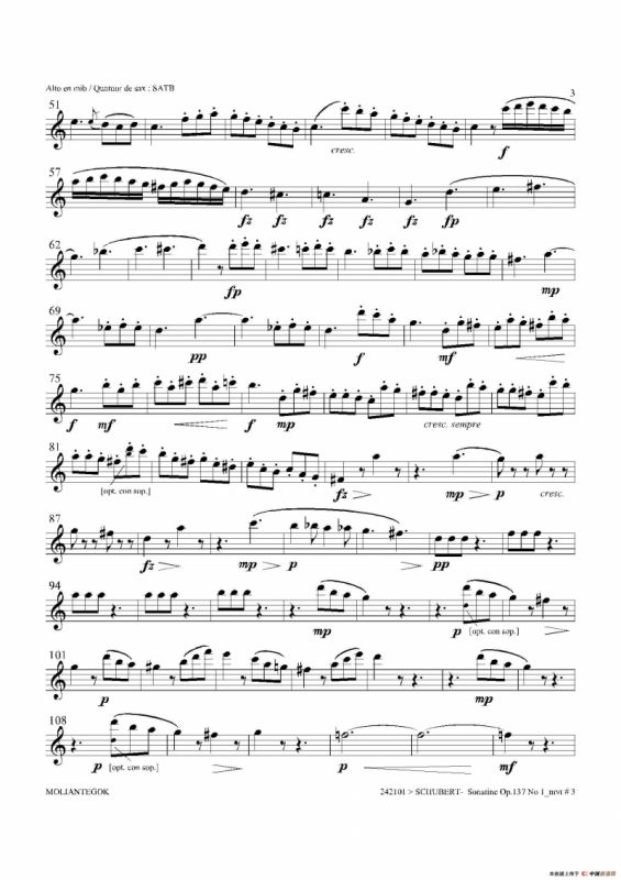 Sonatine Op.137 No 1（四重奏中音萨克斯分谱）