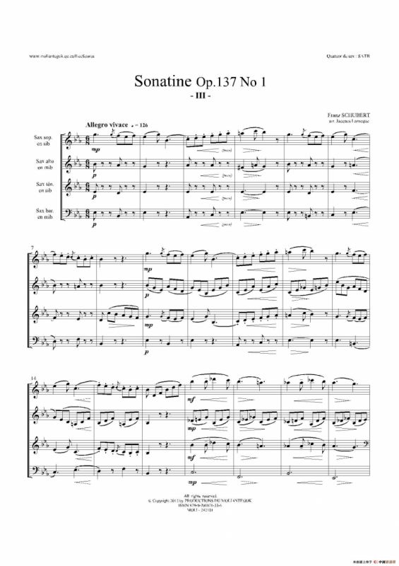 Sonatine Op.137 No 1（四重奏总谱）