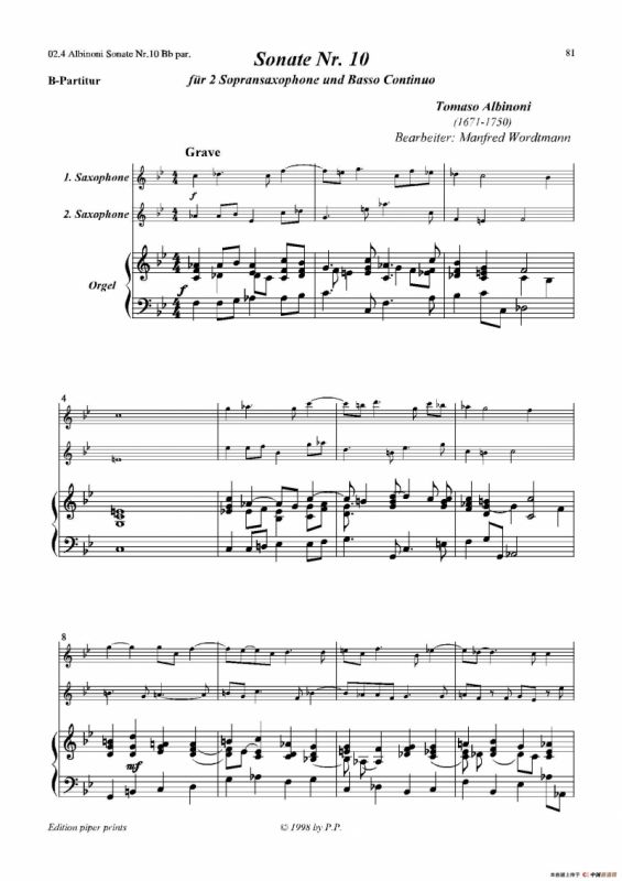 Sonate Nr.10（次中音萨克斯二重奏+管风琴）
