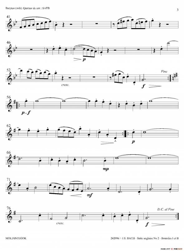 Suite anglaise No 2,BWV 807（法国组曲之二·布列舞曲）（上低音萨克斯分谱）