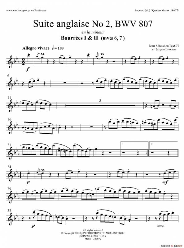 Suite anglaise No 2,BWV 807（法国组曲之二·布列舞曲）（高音萨克斯分谱）