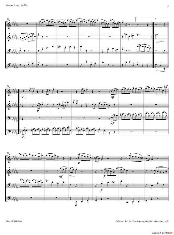 Suite anglaise No 2,BWV 807（法国组曲之二·布列舞曲）（四重奏总谱）