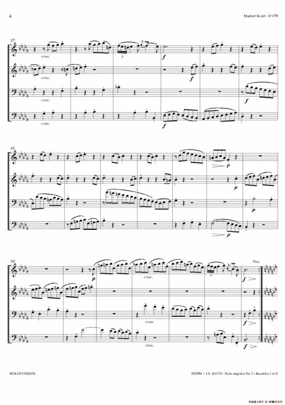 Suite anglaise No 2,BWV 807（法国组曲之二·布列舞曲）（四重奏总谱）