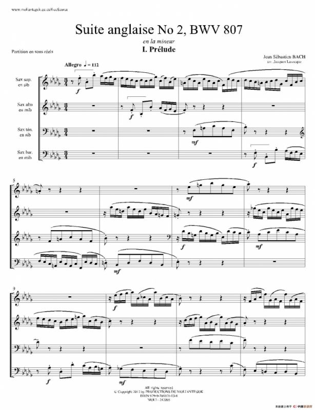 Suite anglaise No 2,BWV 807（法国组曲之二·前奏曲）（四重奏总谱）