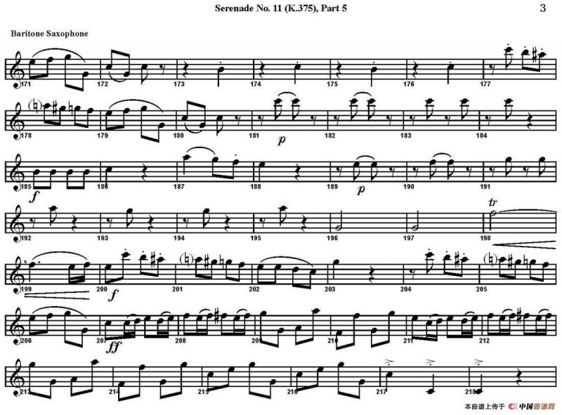 SERENADE No.11 in Eb，K.375 Part 5（四重奏·上低音萨克斯分谱）