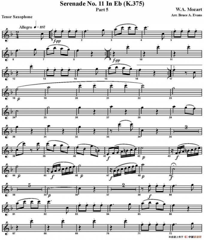 SERENADE No.11 in Eb，K.375 Part 5（四重奏·次中音萨克斯分谱）