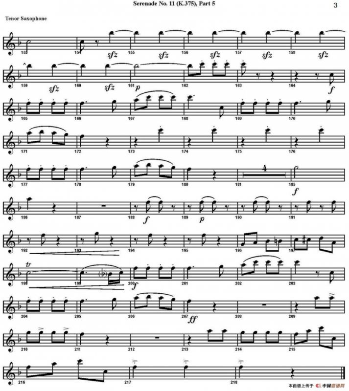 SERENADE No.11 in Eb，K.375 Part 5（四重奏·次中音萨克斯分谱）