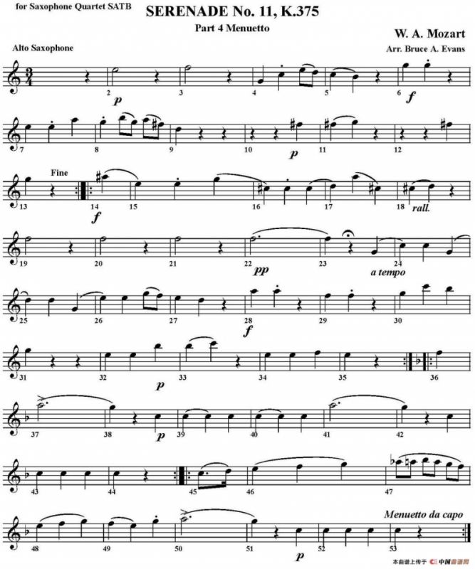 SERENADE No.11，K.375 Part 4 Menuetto（四重奏·中音萨克斯分谱）