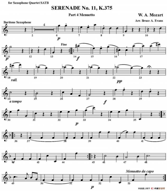 SERENADE No.11，K.375 Part 4 Menuetto（四重奏·上低音萨克斯分谱）