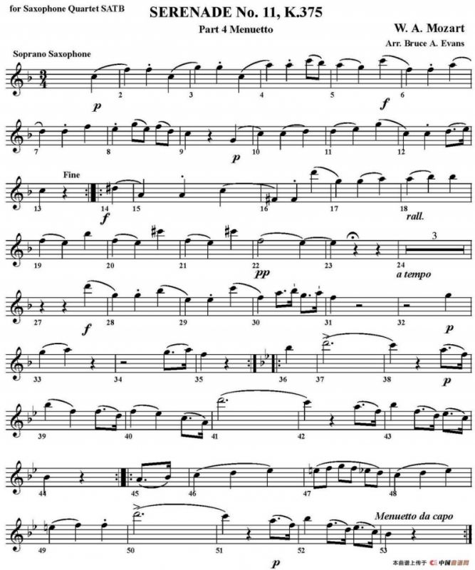 SERENADE No.11，K.375 Part 4 Menuetto（四重奏·高音萨克斯分谱）