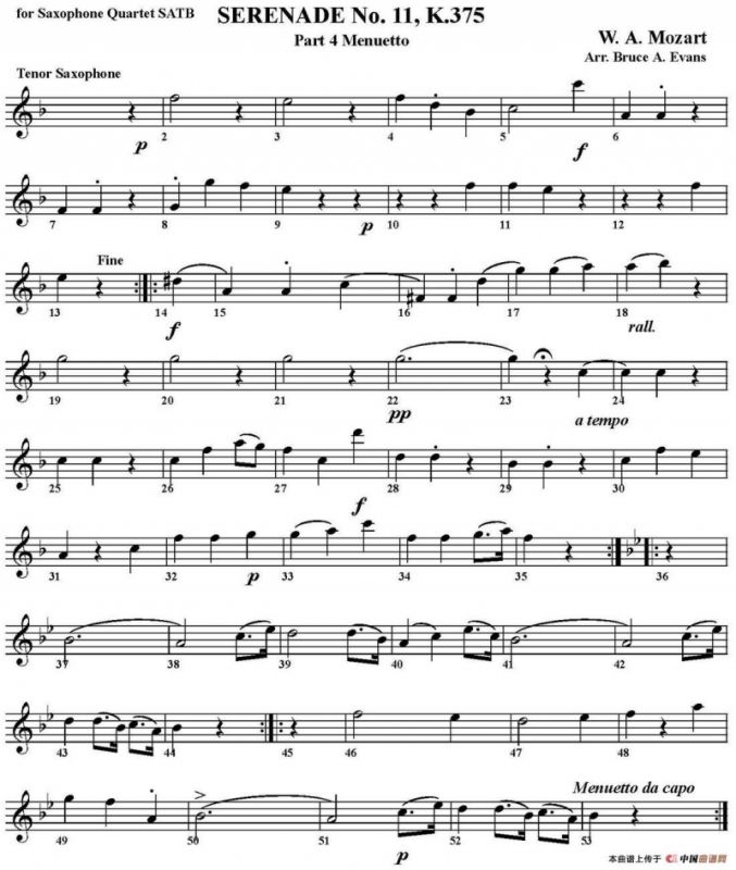 SERENADE No.11，K.375 Part 4 Menuetto（四重奏·次中音萨克斯分谱）