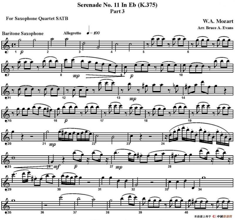 SERENADE No.11 in Eb，K.375 Part 3（四重奏·上低音萨克斯分谱）