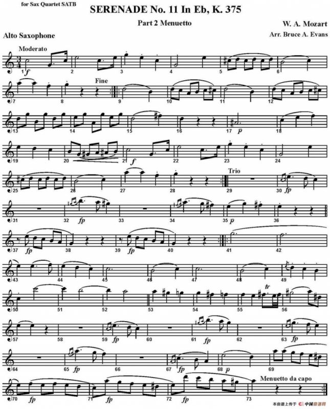 SERENADE No.11 in Eb，K.375 Part 2 Menuetto（四重奏·中音萨克斯分谱）