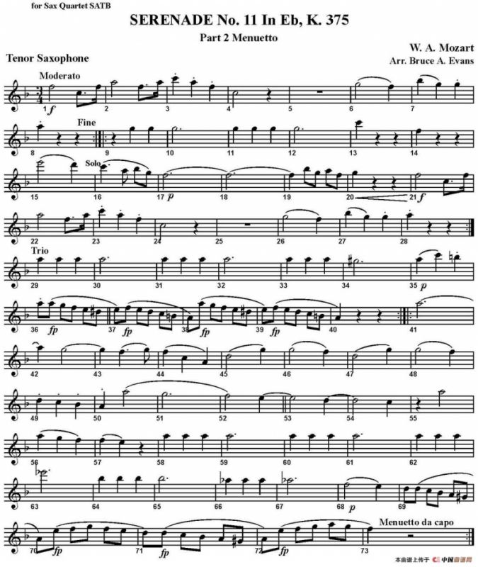 SERENADE No.11 in Eb，K.375 Part 2 Menuetto（四重奏·次中音萨克斯分谱）