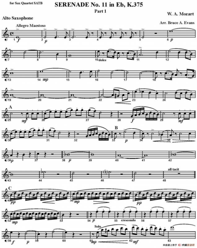 SERENADE No.11 in Eb，K.375 Part 1（四重奏·中音萨克斯分谱）