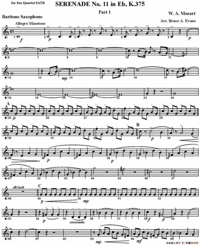 SERENADE No.11 in Eb，K.375 Part 1（四重奏·上低音萨克斯分谱）