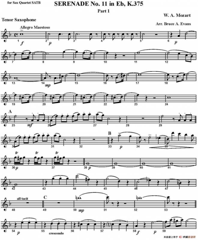 SERENADE No.11 in Eb，K.375 Part 1（四重奏·次中音萨克斯分谱）