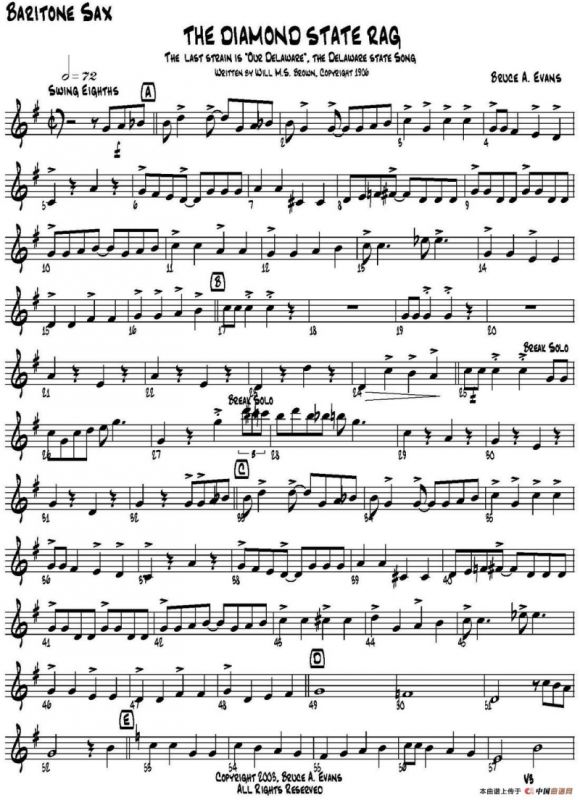 THE DIAMOND STATE RAG（四重奏·上低音萨克斯分谱）