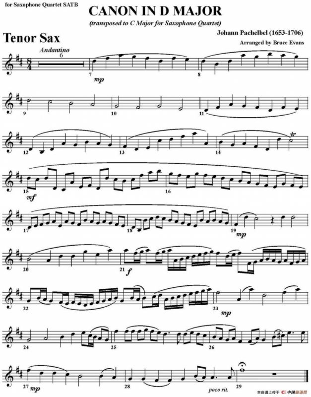 CANON IN D MAJOR（四重奏·次中音萨克斯分谱）