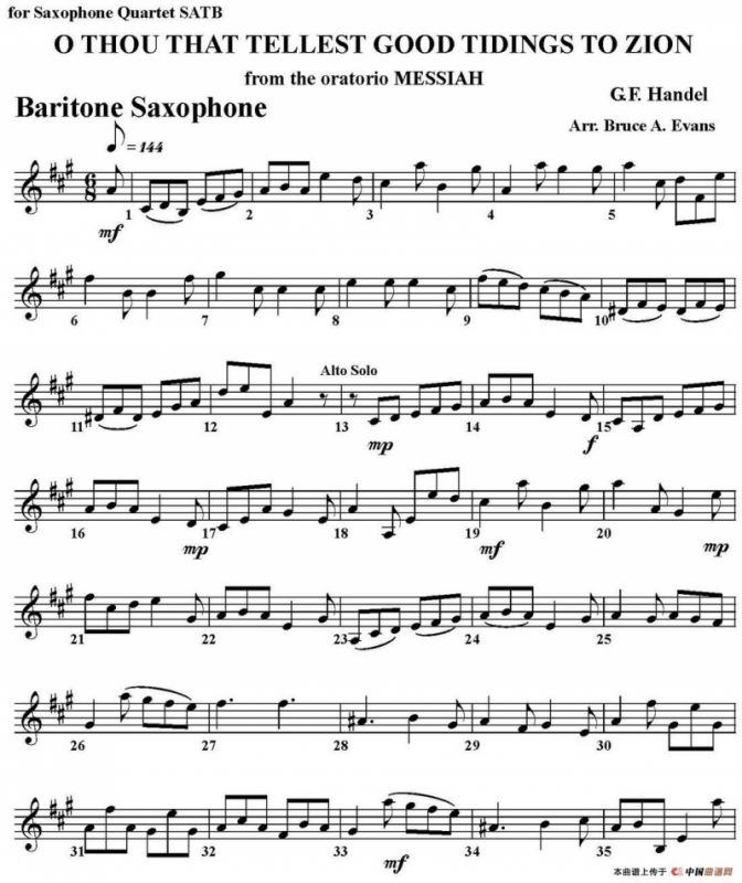 O THOU THAT TELLEST GOOD TIDINGS TO ZION（四重奏·上低音萨克斯分谱）