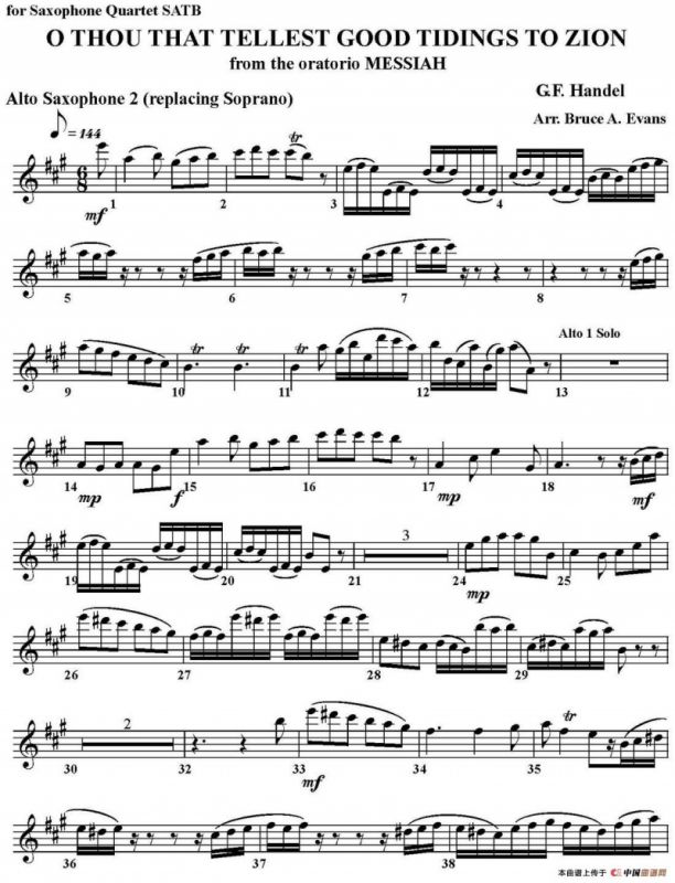 O THOU THAT TELLEST GOOD TIDINGS TO ZION（四重奏·中音萨克斯分谱）