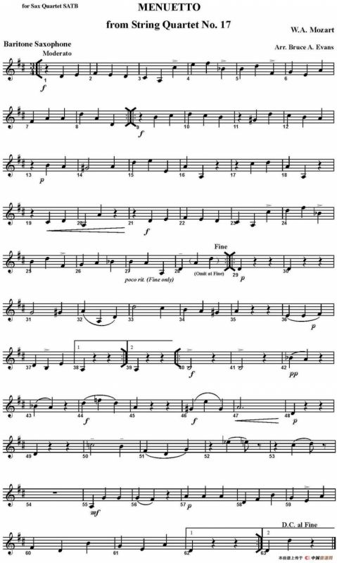 MENUETTO from String Quartet No.17（四重奏·上低音萨克斯分谱）