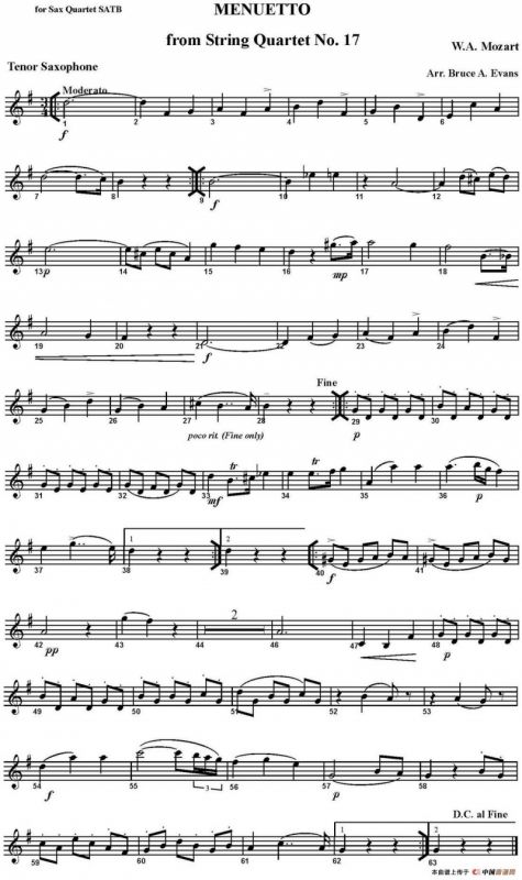 MENUETTO from String Quartet No.17（四重奏·次中音萨克斯分谱）
