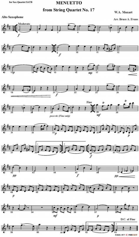 MENUETTO from String Quartet No.17（四重奏·中音萨克斯分谱）