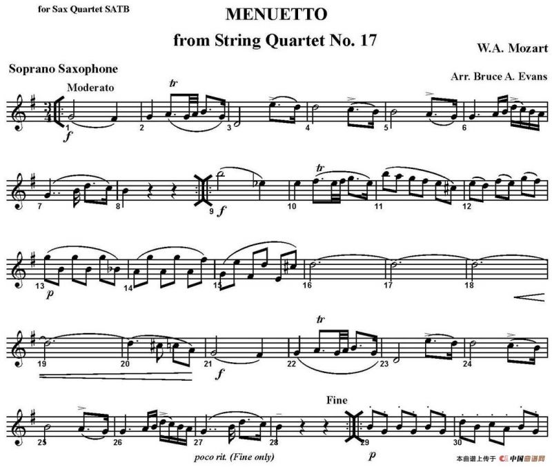 MENUETTO from String Quartet No.17（四重奏·高音萨克斯分谱）
