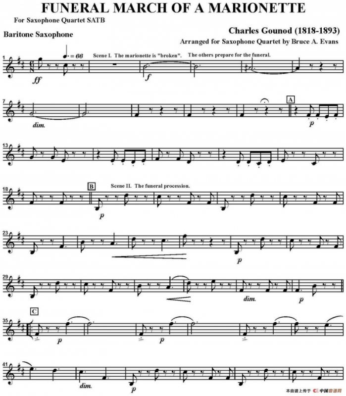 FUNERAL MARCH OF A MARIONETTE（四重奏·上低音萨克斯分谱）