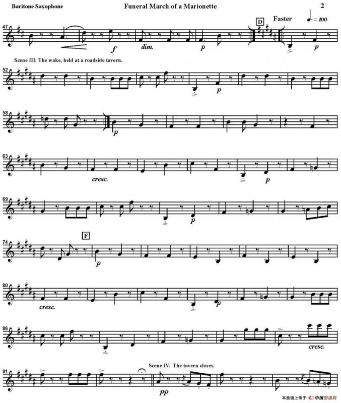 FUNERAL MARCH OF A MARIONETTE（四重奏·上低音萨克斯分谱）