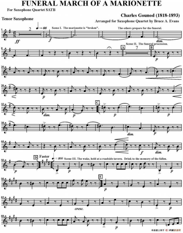 FUNERAL MARCH OF A MARIONETTE（四重奏·次中音萨克斯分谱）