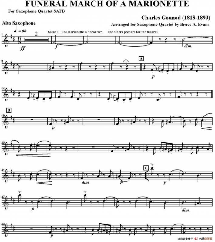 FUNERAL MARCH OF A MARIONETTE（四重奏·中音萨克斯分谱）