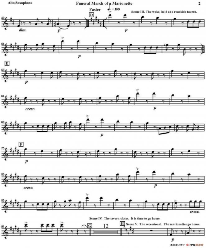 FUNERAL MARCH OF A MARIONETTE（四重奏·中音萨克斯分谱）