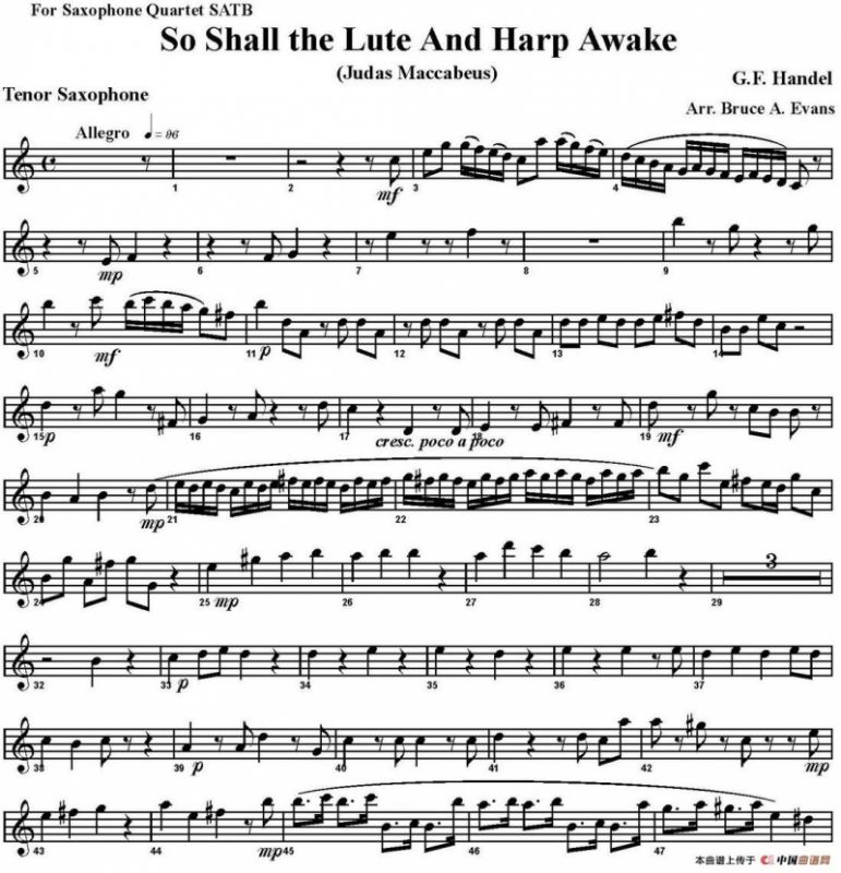 So Shall the Lute And Harp Awake（四重奏·次中音萨克斯分谱）