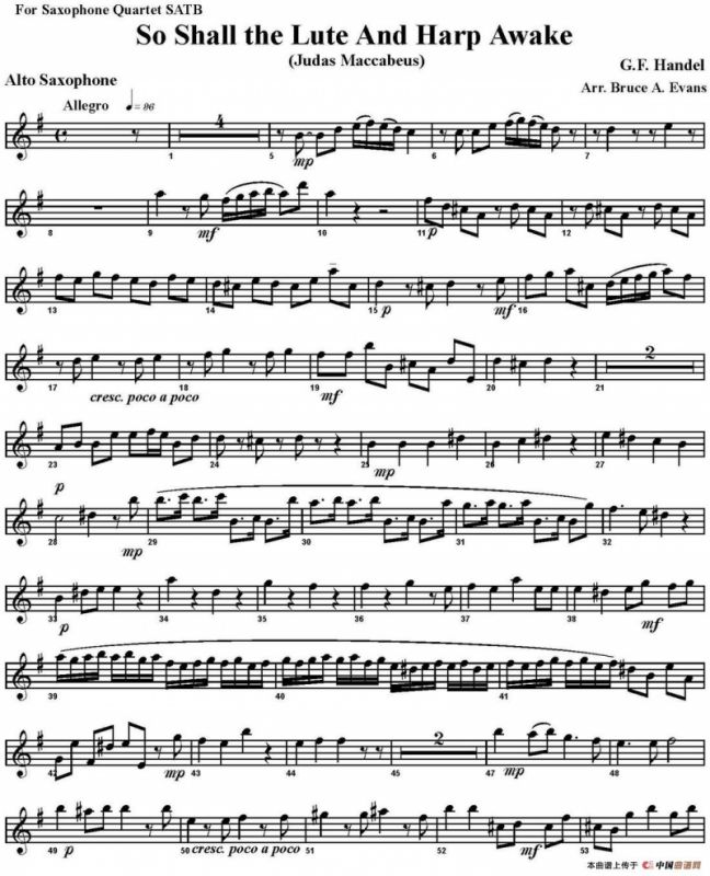 So Shall the Lute And Harp Awake（四重奏·中音萨克斯分谱）