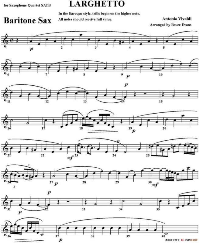 LARGHETTO（四重奏·上低音萨克斯分谱）
